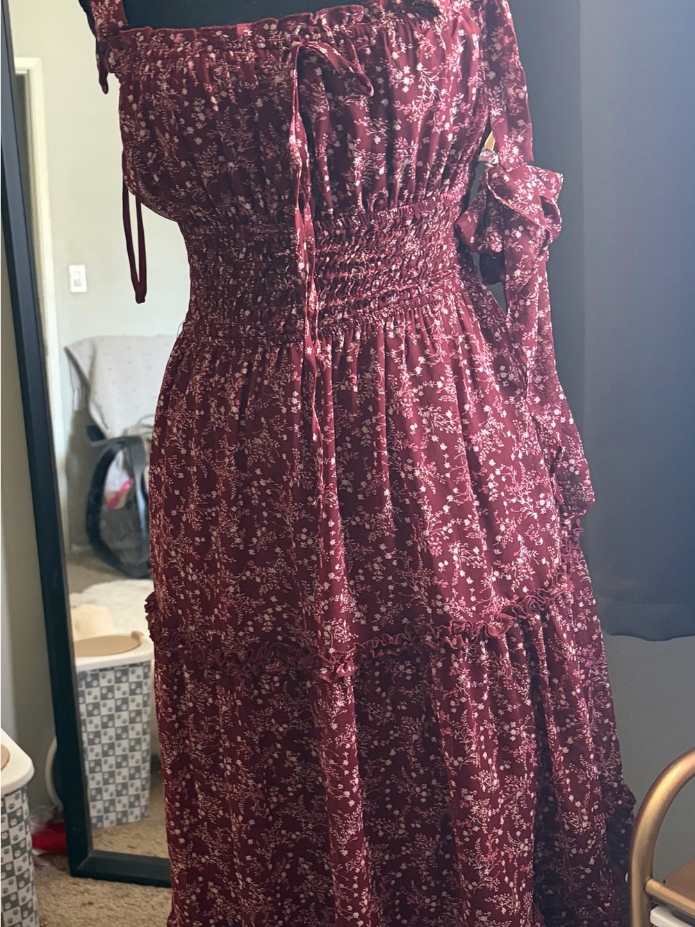 Trixxi Burgundy Floral Smocked Maxi Dress size S with extra hair bow .